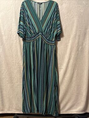 BloomChic Teal, Blue & Yellow Striped Wrap-Style Maxi Dress